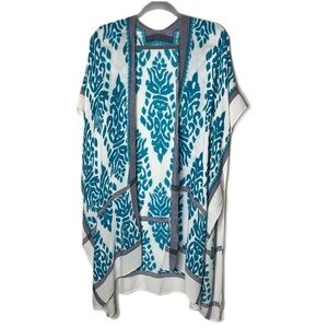 Gingerly Womens Kimono Duster One Size Blue Damask Print Open Front Cardigan Top